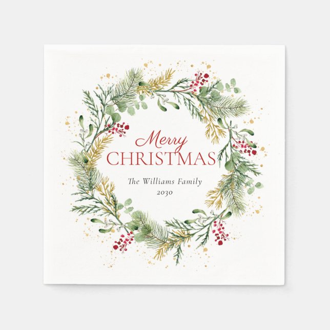 Rustic Gold Winter Greenery Wreath Merry Christmas Napkin (Front)