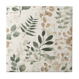 Rustic Golden Brown and Green Leaves on Cream Ceramic Tile