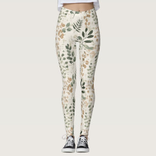 Rustic Golden Brown and Green Leaves on Cream Leggings