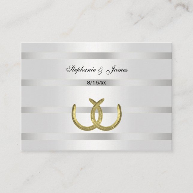 Rustic Golden Horseshoes Silver Wht Escort Cards (Front)