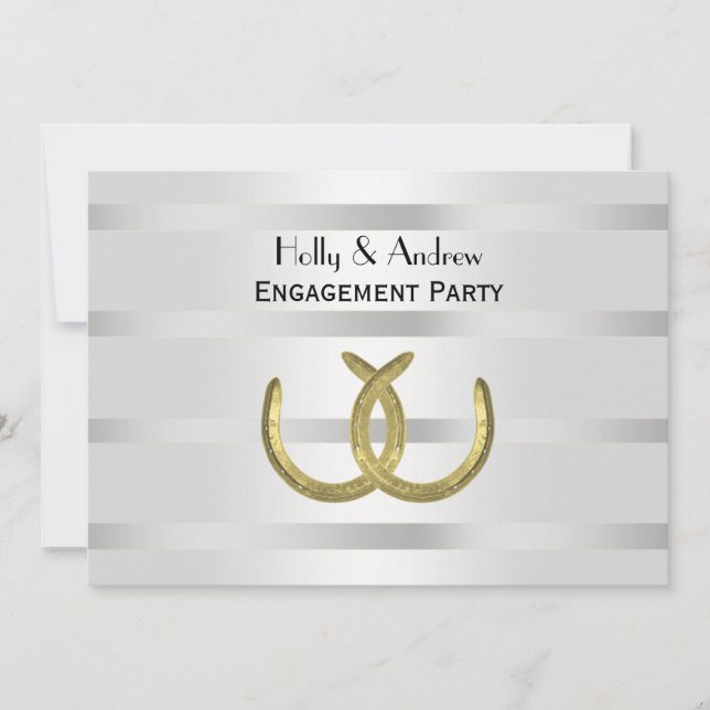 Rustic Golden Horseshoes Silver Wht H Engagement Invitation (Front)