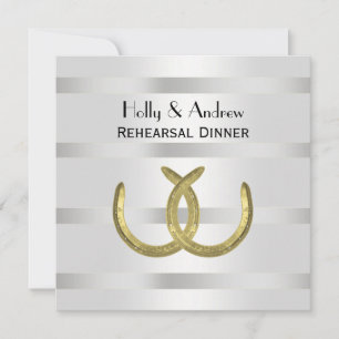Rustic Golden Horseshoes Silver Wht Rehearsal Din Invitation