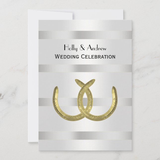 Rustic Golden Horseshoes Silver Wht V Wedding Invitation (Front)
