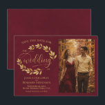 Rustic Golden Leaves on Burgundy Photo Wedding Save The Date<br><div class="desc">This beautiful wedding Save the Date card features a rustic burgundy and gold colored design with modern script lettering and a sprigs of hand painted golden watercolor leaves, vines, or foliage. There is space for your photo, the couple's name & wedding location. Elegant, stylish, and chic, this card is a...</div>