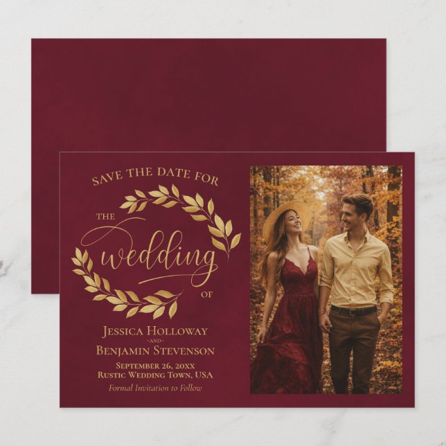 Rustic Golden Leaves on Burgundy Photo Wedding Save The Date (Front/Back)