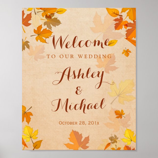 Rustic Golden Maple Leaves Fall Wedding Sign (Front)