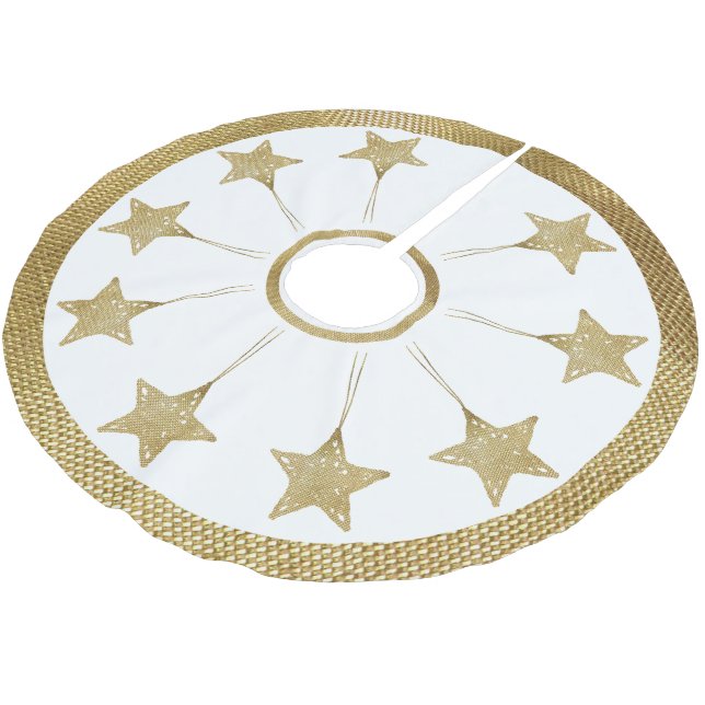 Rustic Golden Stars Pattern On White Brushed Polyester Tree Skirt (Angled)