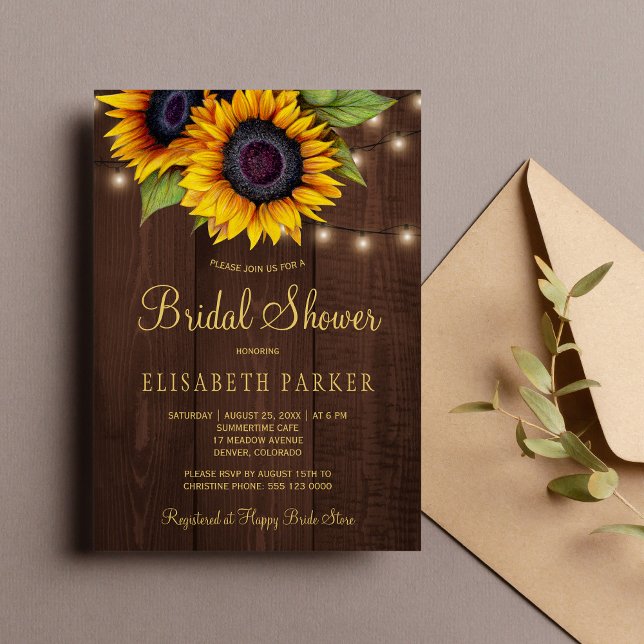 Rustic golden sunflower elegant wood bridal shower invitation (Creator Uploaded)