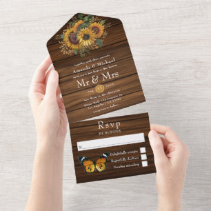 Rustic Golden Sunflower Eucalyptus Garden Wedding All In One Invitation