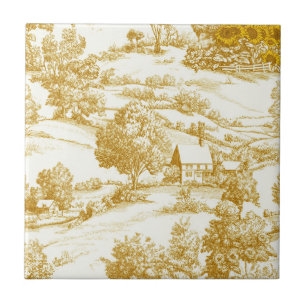 Rustic Golden Sunflower Homestead Toile Pattern Ceramic Tile