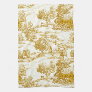 Rustic Golden Sunflower Homestead Toile Pattern Tea Towel