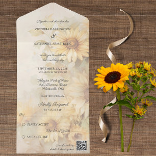 Rustic Golden Sunflowers QR Code All In One Invitation