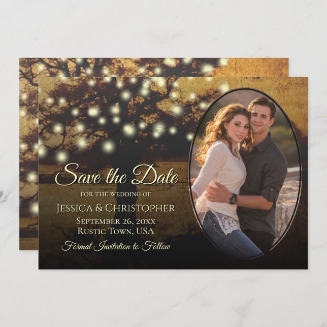 Rustic Golden Tree Lights & Photo Elegant Wedding Save The Date (Front/Back)
