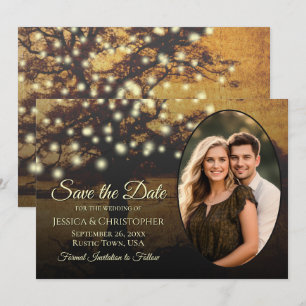 Rustic Golden Tree Lights & Photo Elegant Wedding Save The Date