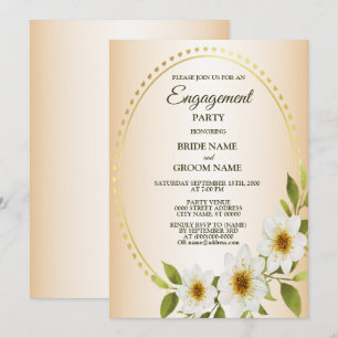 Rustic Golden White Floral Peach Engagement Party Invitation