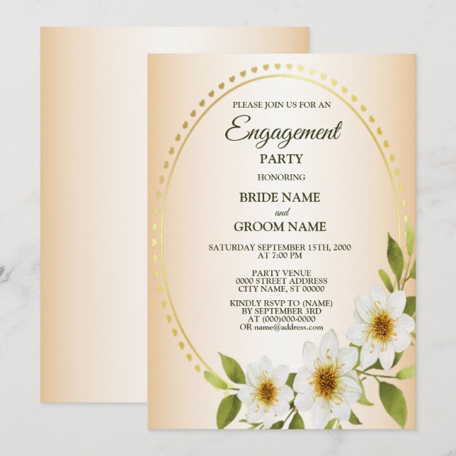 Rustic Golden White Floral Peach Engagement Party Invitation (Front/Back)