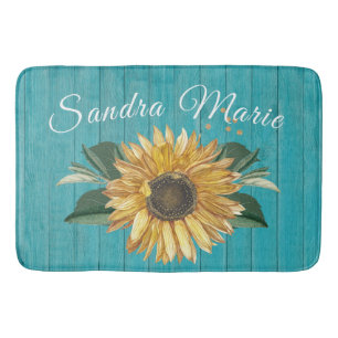 Rustic Golden Yellow Sunflower Teal Wood     Bath Mat