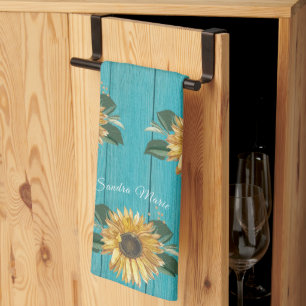 Rustic Golden Yellow Sunflower Teal Wood Bath Tow Tea Towel