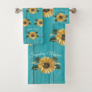 Rustic Golden Yellow Sunflower Teal Wood  Bath Towel Set