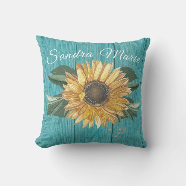 Rustic Golden Yellow Sunflower Teal Wood | name  Cushion (Front)