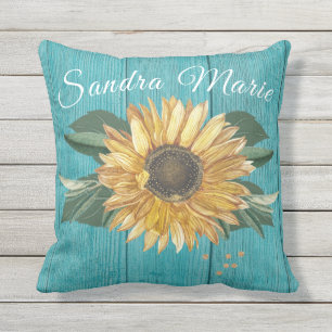 Rustic Golden Yellow Sunflower Teal Wood name Cushion