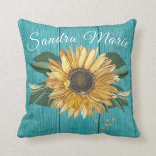 Rustic Golden Yellow Sunflower Teal Wood   name Cushion
