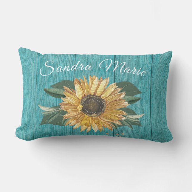 Rustic Golden Yellow Sunflower Teal Wood | name  O Lumbar Cushion (Front)