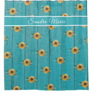 Rustic Golden Yellow Sunflower Teal Wood    Shower Shower Curtain