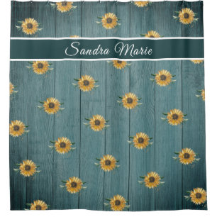 Rustic Golden Yellow Sunflower Verde Green Wood   Shower Curtain