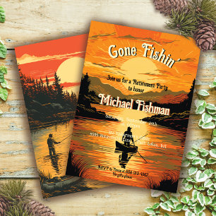Rustic Gone Fishin' Retirement Fishing Woodcut Invitation