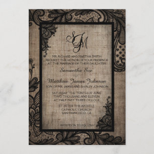 Rustic Goth Black Lace Burlap Wedding Invitation