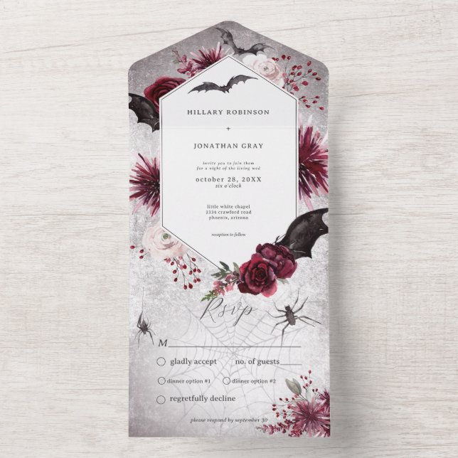 Rustic Gothic Black & Burgundy Halloween CUSTOM All In One Invitation (Inside)