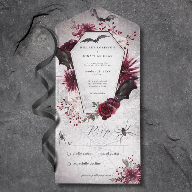 Rustic Gothic Black & Burgundy Halloween Dinner    All In One Invitation (Creator Uploaded)