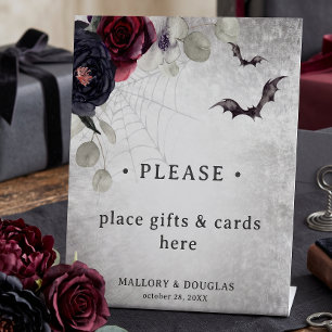 Rustic Gothic Black Burgundy Halloween Wedding Pedestal Sign