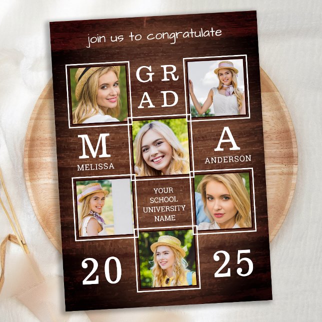 Rustic Graduate 6 Photo Collage Wood Graduation Invitation (Creator Uploaded)