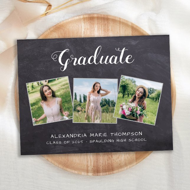 Rustic Graduate Custom 3 Photo Slate Graduation Announcement Postcard (Creator Uploaded)