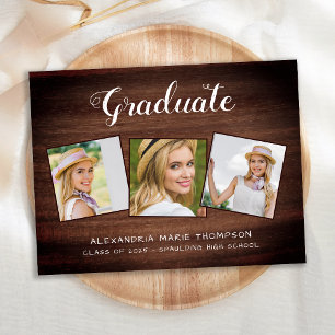 Rustic Graduate Custom 3 Photo Wood Graduation Invitation Postcard