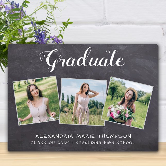 Rustic Graduation 3 Photo Grey Chalkboard Graduate Plaque (Creator Uploaded)