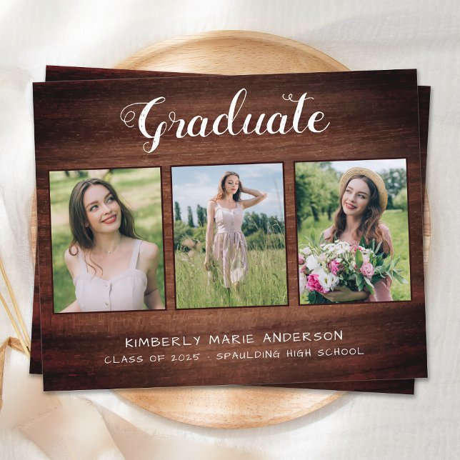 Rustic Graduation 3 Photo Wood Budget Invitation (Creator Uploaded)