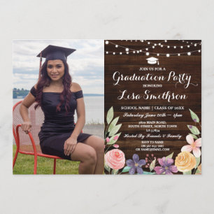 Rustic Graduation Flowers Lights Wood Photo Invitation
