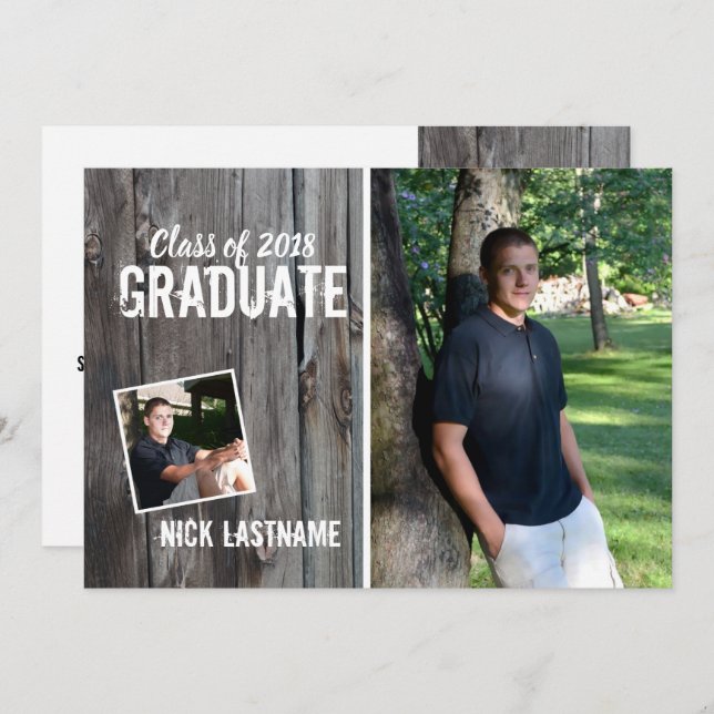 Rustic Graduation Invitation Barnwood Photo (Front/Back)