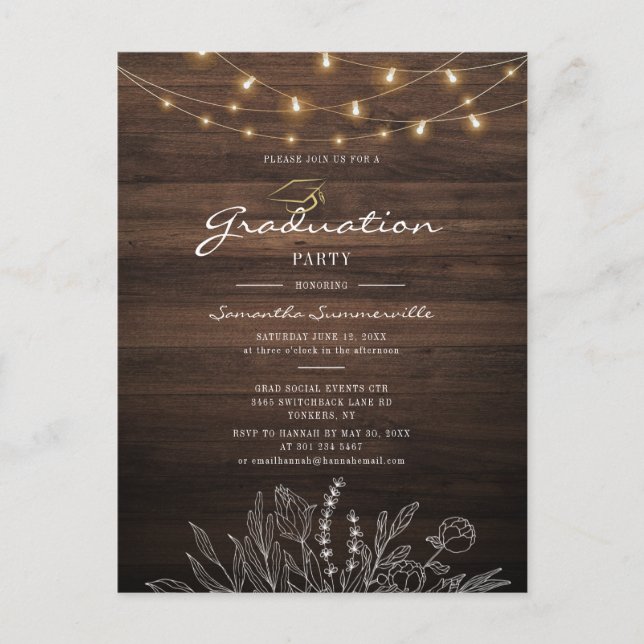 Rustic Graduation Party 2022 String Lights Invitation Postcard (Front)