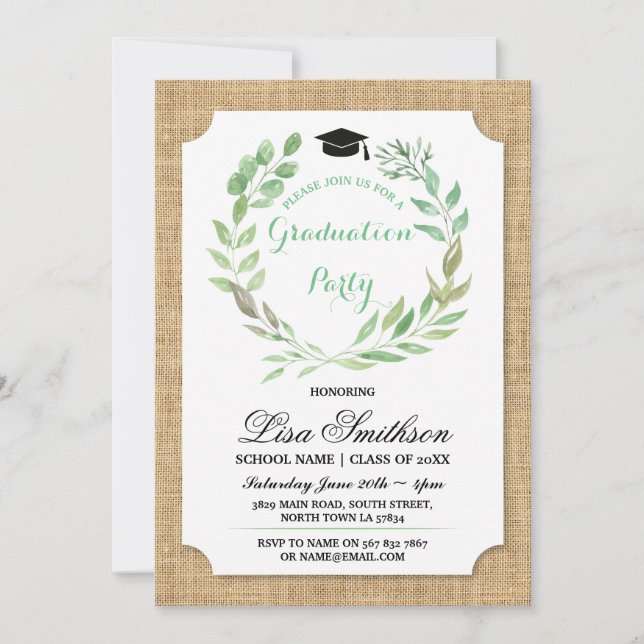 Rustic Graduation Party Burlap Leaf Wreath Invite (Front)