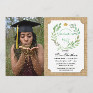 Rustic Graduation Party Burlap Leaf Wreath Photo Invitation