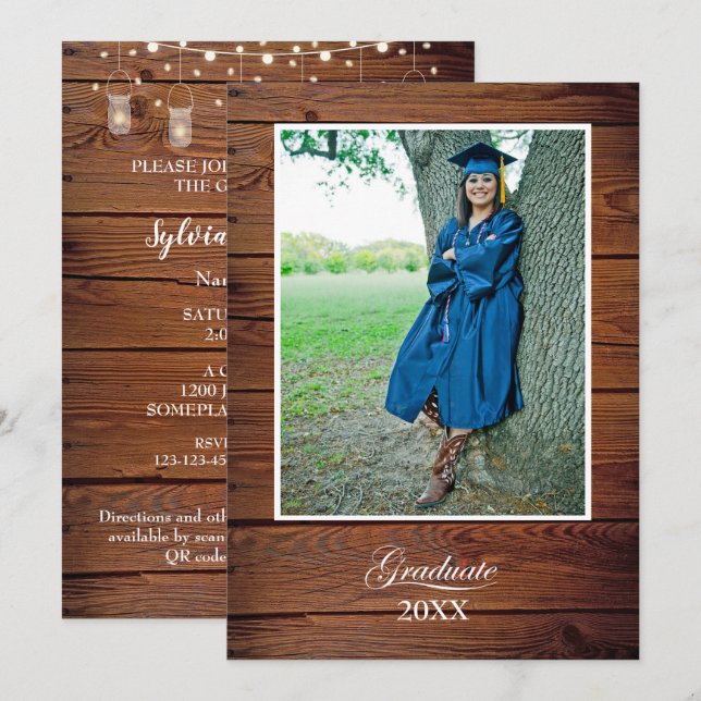 Rustic Graduation Party Invitation string lights (Front/Back)