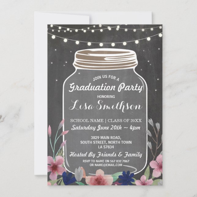 Rustic Graduation Party Jar Chalk Flowers Invite (Front)