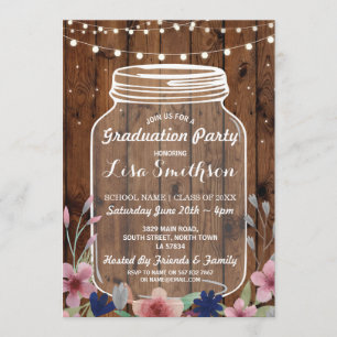 Rustic Graduation Party Jar Wood Flowers Invite