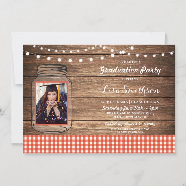 Rustic Graduation Party Jar Wood Red Gingham Photo Invitation (Front)