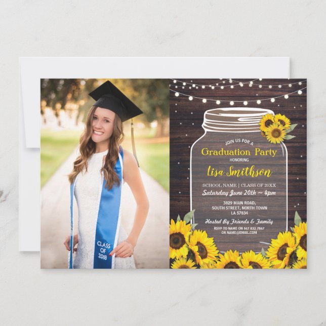 Rustic Graduation Party Jar Wood Sunflower Photo Invitation (Front)