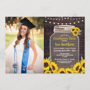 Rustic Graduation Party Jar Wood Sunflower Photo Invitation